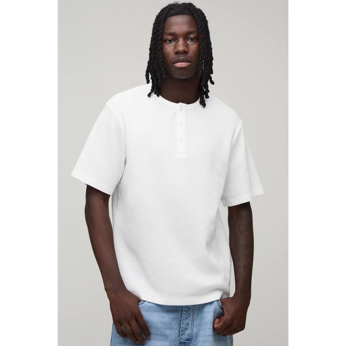 Regular Fit Waffle Henley T-Shirt | White | Size 3XL