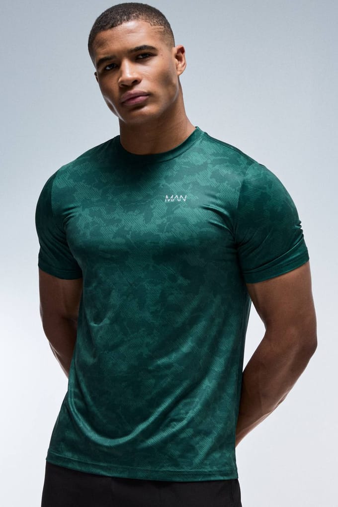 Heren Active Regular Fit Geo Camo T-shirt | Dark Green | Size Medium