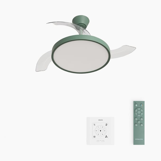 CREATE - Plafondventilator 40W stil met intrekbare bladen met licht - Ø91cm - Sage - Controller voor wandmontage + afstandsbediening - WIND CLEAR STUDIO