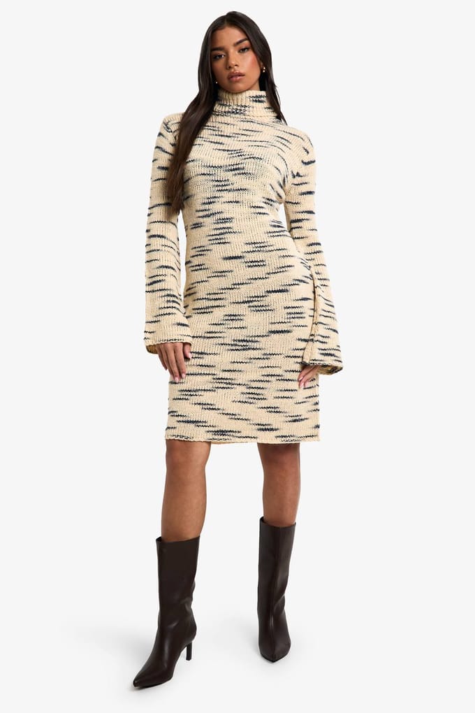 boohoo Dames Premium Marl Gebreide Rolkraag Midi Jurk | Steen | Maat: Medium