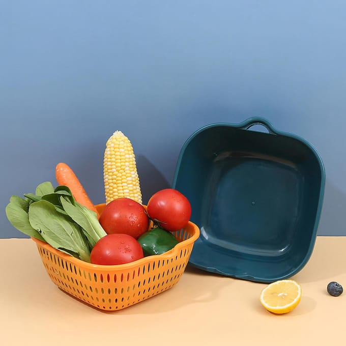 Groente Wasmand Dubbele Laag Snel Afvoeren Ophangbaar Multifunctioneel Fruitzeef met Zijkant L blauw/geel