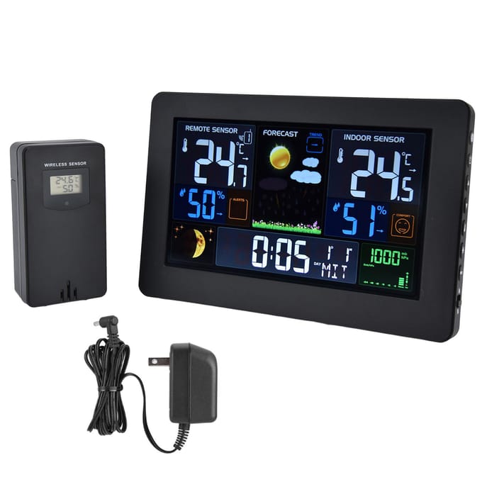 Digitaal kleurenweerstation met meerdere gegevens, achtergrondverlichting, grote cijfers, thermometer black