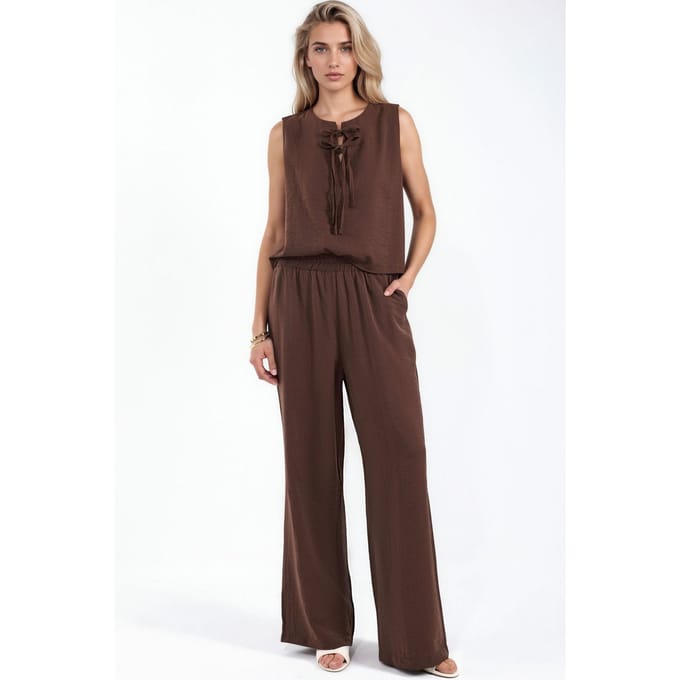 Viscose Blend Blouse met Strikdetail & Elastische Taille Broek Set