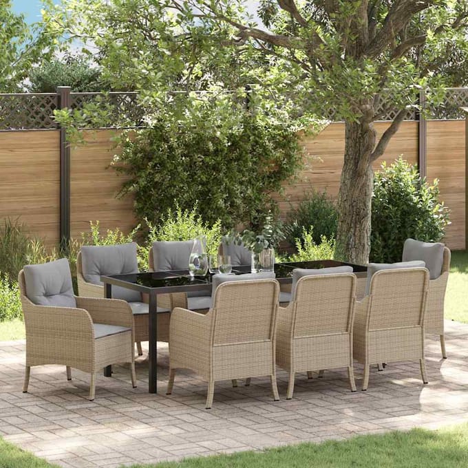 vidaXL - Tuin - Eettafel - Set - 9 - st - Beige - poly - rattan