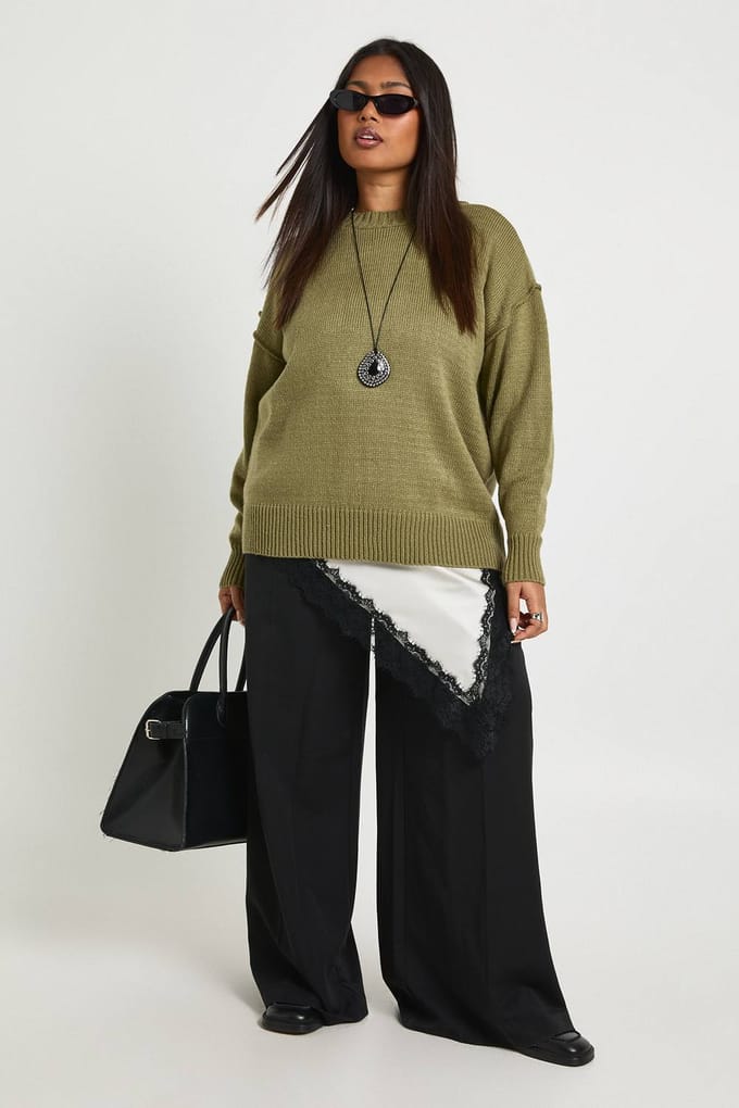 boohoo Dames Plus Zichtbare Naad Gebreide Trui | Olive | Maat: 28