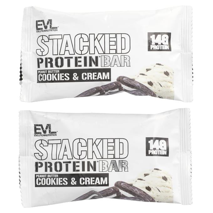 EVLution Nutrition, Barres Stacked Protein, Beurre de cacahuète Cookies & Crème, 2 barres, 2,29 oz (65g) chaque