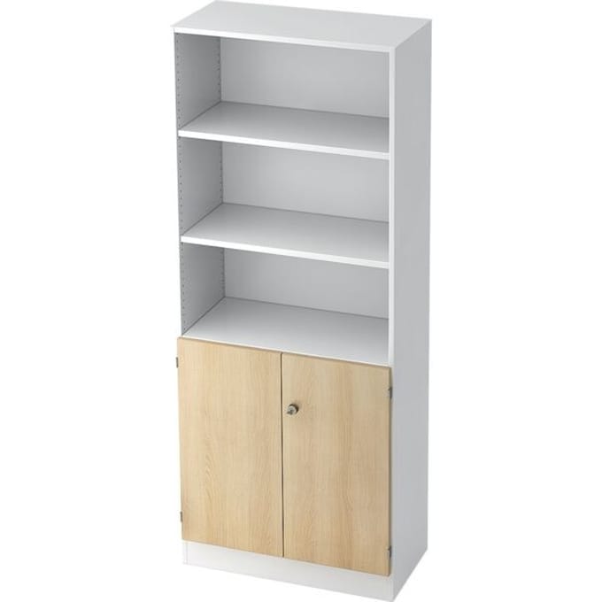 Combi-boekenkast, 5 OH, 3 open vakken + 2 afsluitbare deuren, B 800 x D 420 x 2004 mm, wit/eiken