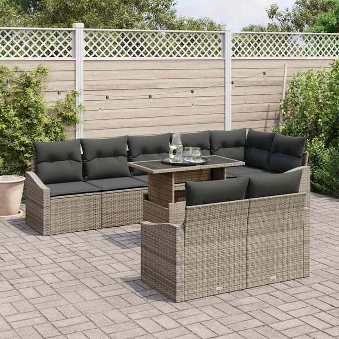 vidaXL Tuinbank Set met kussen met opslag 9 pcs Grijs poly rattan