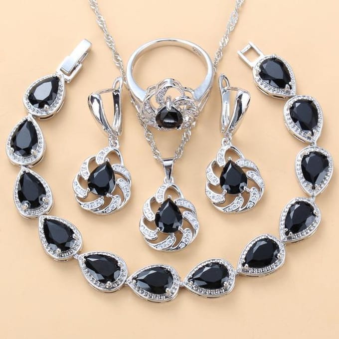 Ensemble pour femme Pendentif Saphir Bleu Boucles d'oreilles Collier et Bague 8 gray