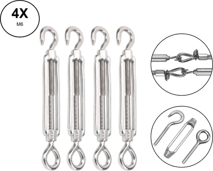 4x PD® Draadspanner - Spanhaak - M6 90mm- Haak & Oog - spanmoer - schroefspanner - klusbenodigheden - op spanning brengen van kabels, touw en kettingen