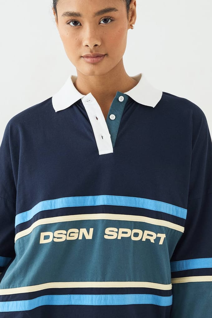Dames DSGN Studio Sport Oversized Colour Block Top met Kraag | Navy | Maat: 2XL
