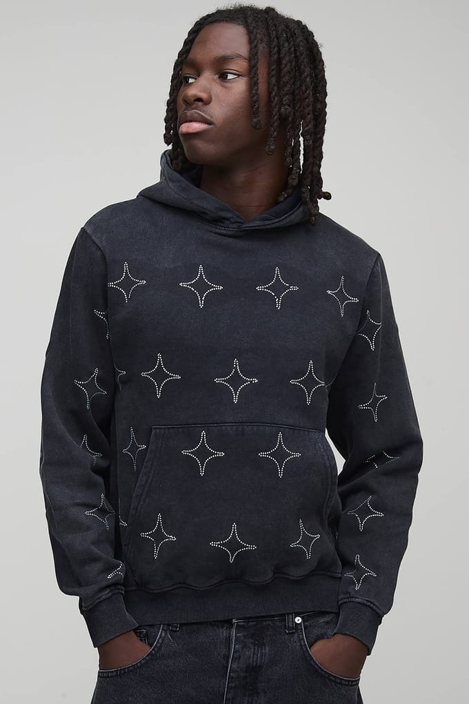 Boxy Washed All Over Rhinestone Hoodie | Charcoal | Size Medium