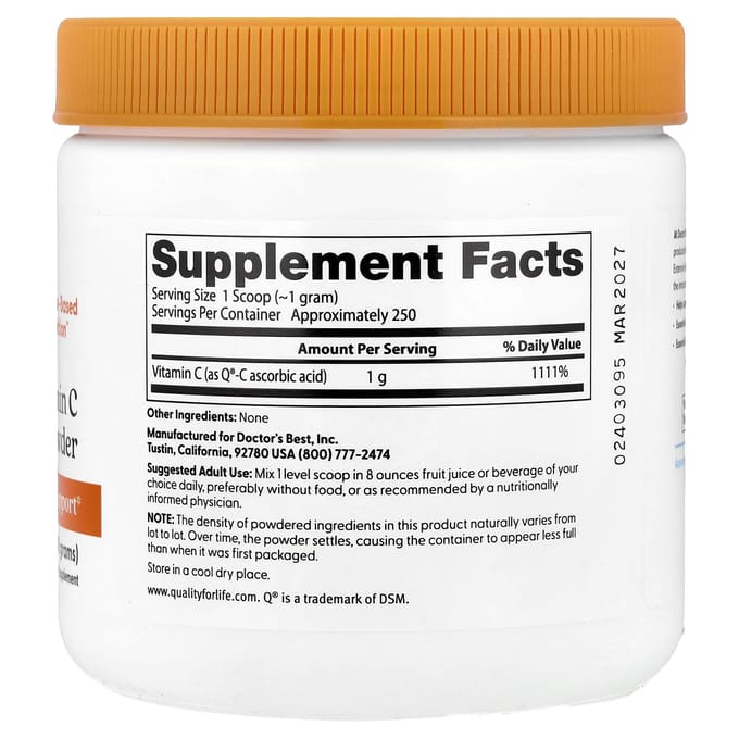Doctor's Best, poudre de vitamine C pure avec Q®-C, 8,8 oz (250g)