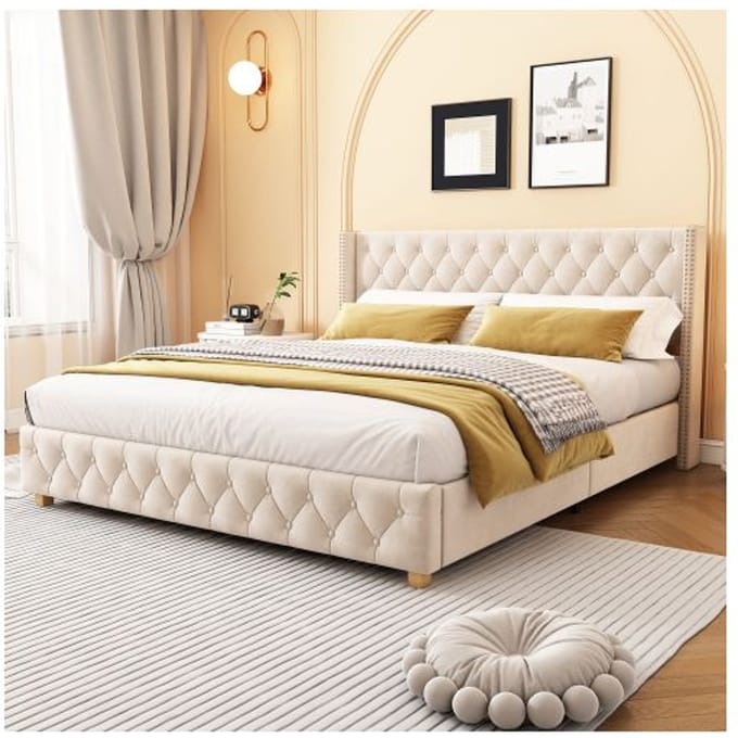 Gestoffeerd bed - 160x200 cm - Lichtbeige - Lattenbodem - Elegant design beige