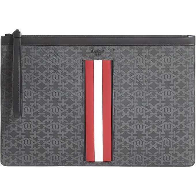 Bally Bollis 35 Pochette Classique à Fermeture Éclair Monogramme avec Décoration Rayée Pochette Homme Noir 6300740 Basic Set (Bag+Dust Bag)