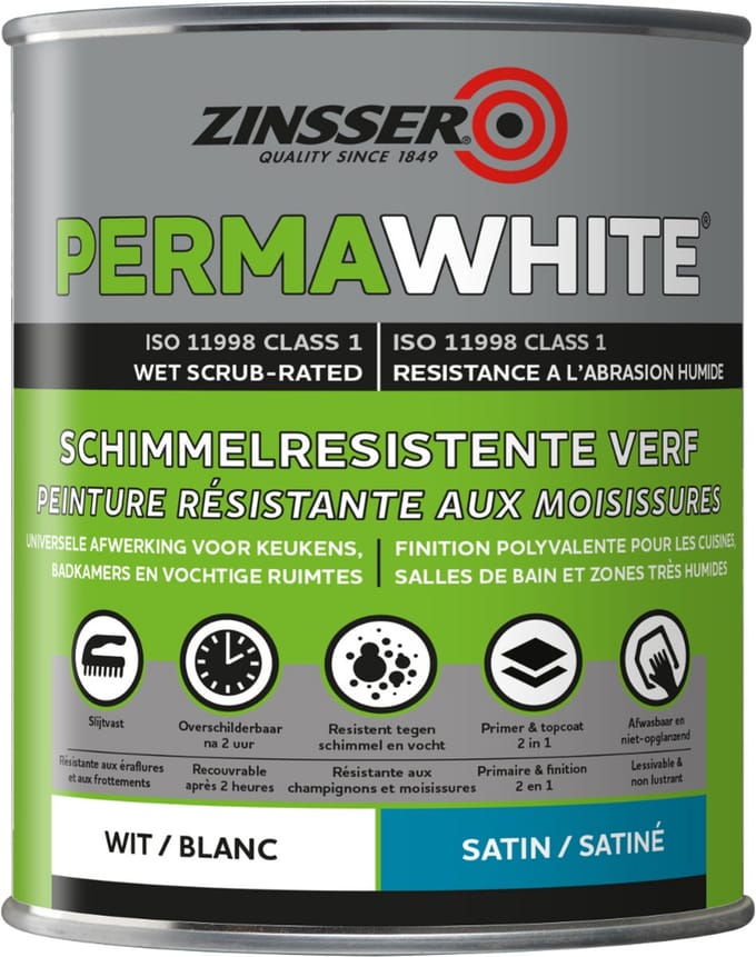 Zinsser Permawhite Zijdeglans 1 liter - Anti Schimmel Verf
