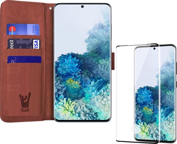 Hoesje geschikt voor Samsung Galaxy S20 Plus - Screen Protector FullGuard - Book Case Kunstleer Pasjeshouder Bruin & Screenprotector