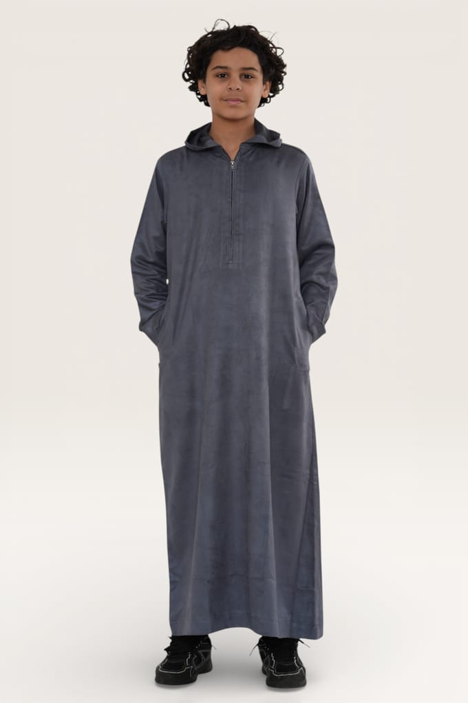 Grijze Marokkaanse Jubba-robe met capuchon voor jongens, geschikt voor Eid, Ramadan en Eid (LFS) - K-HM12
