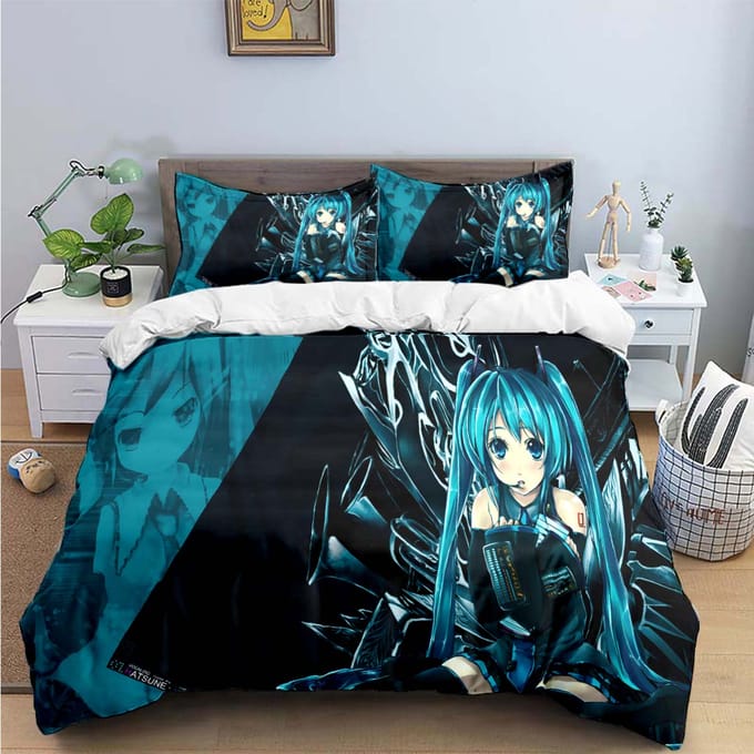 Dessin Animé Kawaii Chanteuse Virtuelle H-Hatsune-Miku Parures de Lit Ensemble de Linge de Lit Housse de Couette Ensemble Couette de Lit Ensemble de Linge de Lit Cadeau AU Double(180*210cm)3pcs