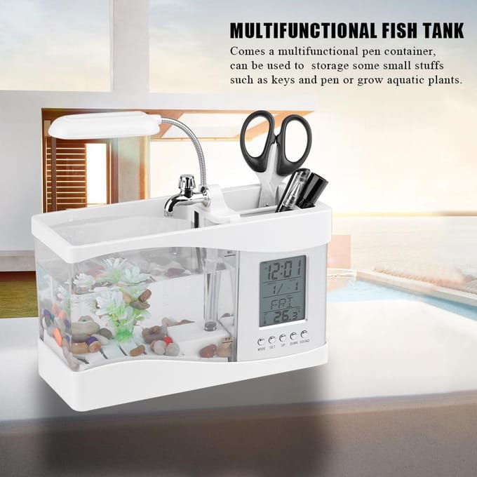 Multifunctioneel USB Oplaadbaar Mini Aquarium met Klokfunctie LED Licht Wit wit