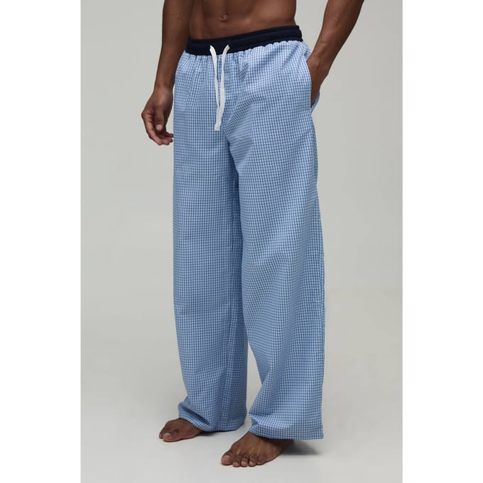 Loungebroek Met Rechte Pasvorm, Microruit En Contrasterende Tailleband | Blue | Size Small
