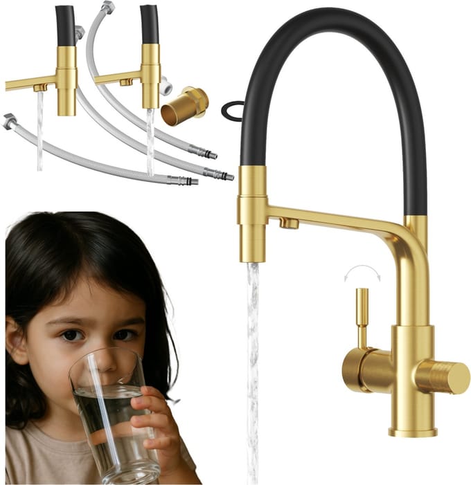 Granitan Keukenkraan Malta drieweg - uittrekbare uitloop - voor waterfilter - Goud