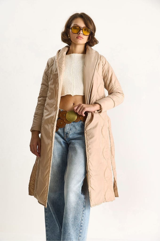 Textured Sjaalkraag Midi Puffer Jack met Striksluiting