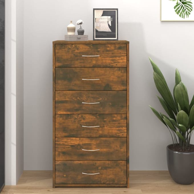 vidaXL - Dressoir - met - 6 - lades - 50x34x96 - cm - bewerkt - hout - gerookt - eiken