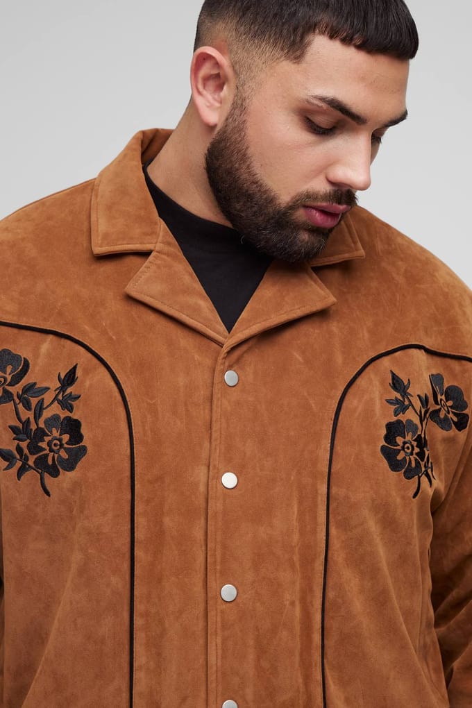 Plus Kunstsuède Geborduurde Oversized Boxy Fit Western Jas | Tan | Size 2XL