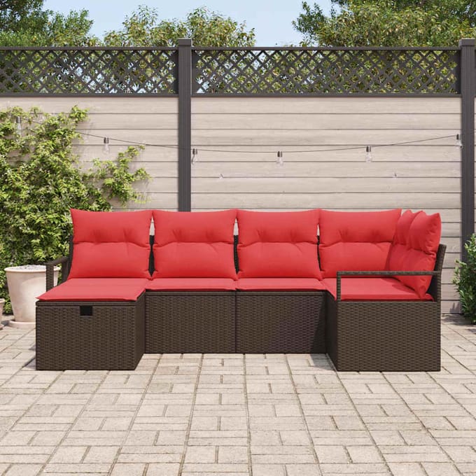vidaXL - Bankstel - 6 - st - Bruin - en - Rood - poly - rattan