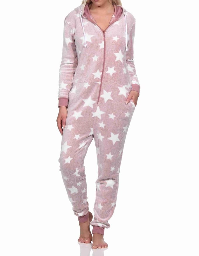 Damespyjama jumpsuit in sterdessin van behaaglijk warm koraalfleece