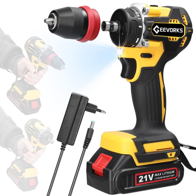 Geevorks 21V 2in1 lithiumboor elektrische schroevendraaier multifunctioneel elektrisch gereedschap met hoog koppel 1pcs battery EU Plug