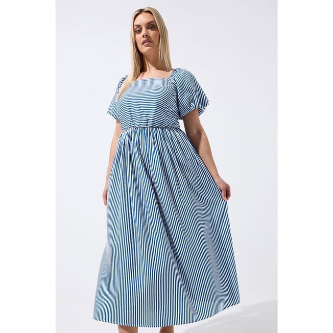Limited Collection Blauwe Gestreepte Jurk Met Pofmouwen Size 48
