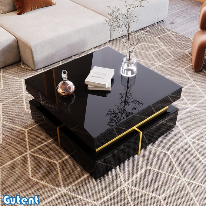 Gutent Salontafel-Hoogglans Series-Met Lade-Goud Accent-Zwart