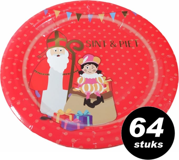 64x Sinterklaas wegwerpbordjes 'Sint & Piet' - 18 cm