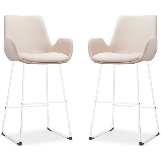 Nolon Nino-Eef Barkrukken Set van 2 Beige - met Armleuning - Wit Onderstel - 75 cm - Barkruk met Rugleuning - Lage Armleuning - Scandinavisch