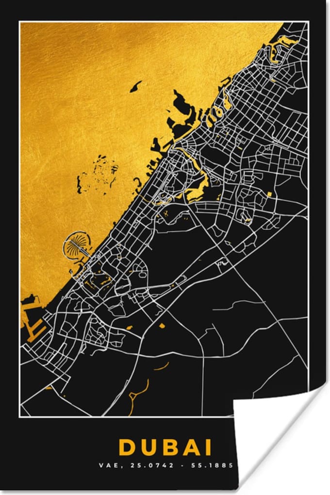 Poster Goud - Stadskaart - Plattegrond - Dubai - Kaart - 40x60 cm