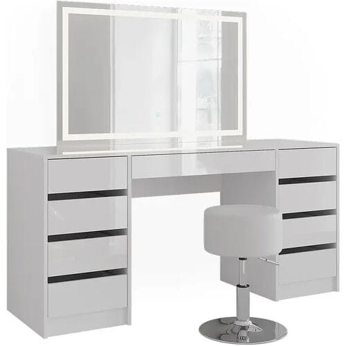 Vicco Kaptafel set met kruk Sherry, Wit/Wit Hoogglans, 158.2 cm met LED-spiegel en kruk