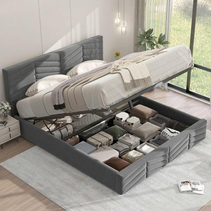 Bed - MUVOE - 140 x 190 cm - Verstelbaar hoofdeinde - Gestreept fluweel - Opbergfunctie grijs