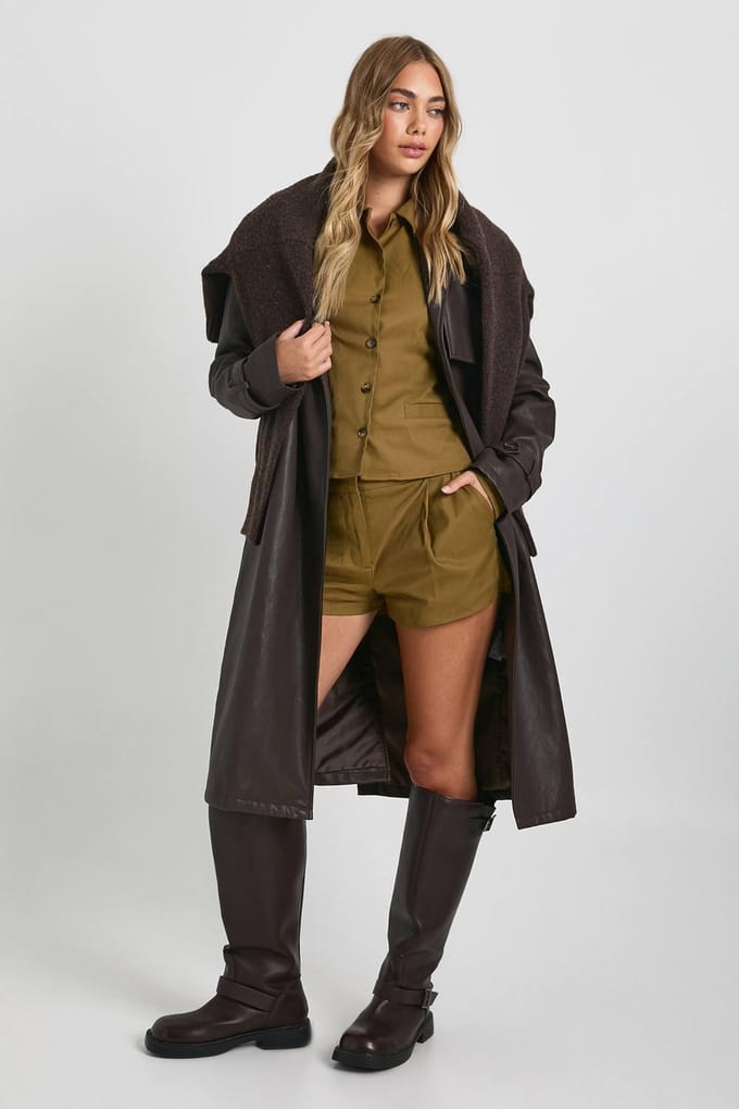 boohoo Dames Longline Schouderpad Shirt & Shorts Co-ord | Olive | Maat: 6