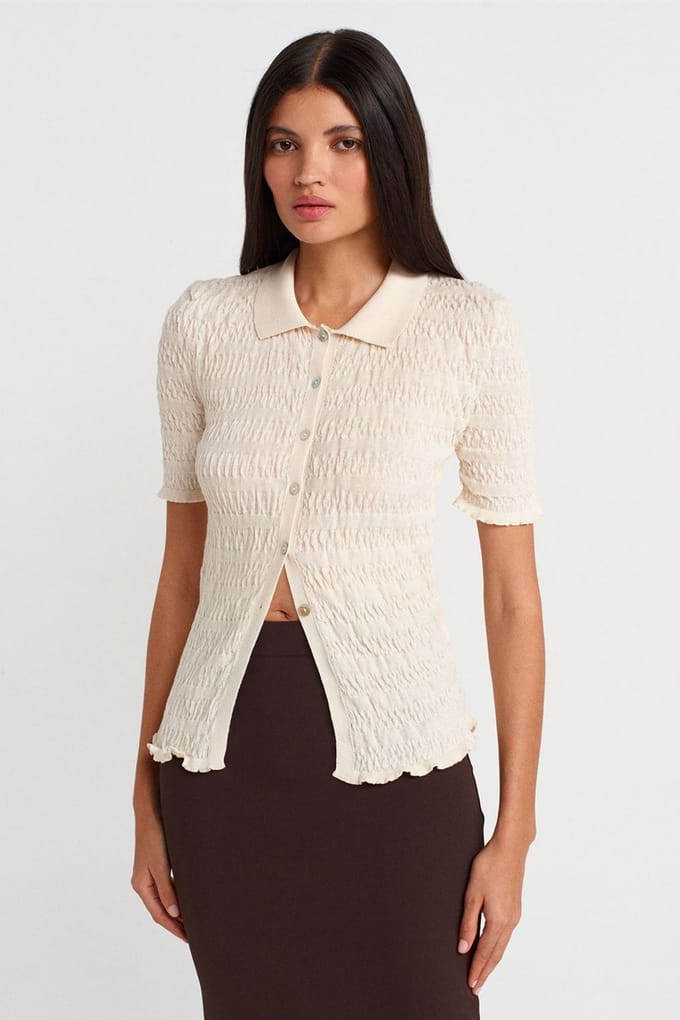 Aansluitende Geribbelde Katoenmix Korte Mouw Cardigan