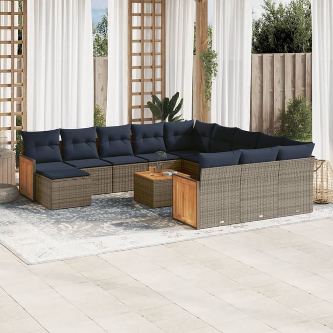 vidaXL - 13-delige - tuinbankset - met - kussens, - grijs - polyrotan