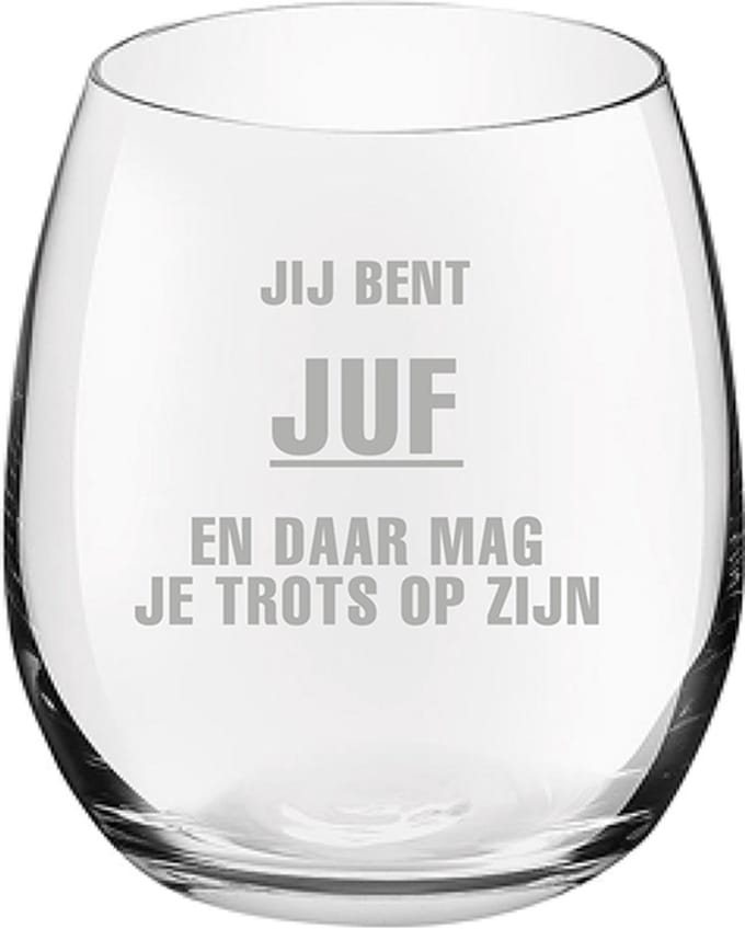 Gegraveerde Drinkglas 39cl Jij bent Juf en daar mag je trots op zijn