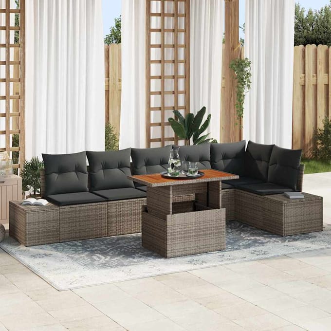 vidaXL Tuin Eettafel Set met kussen 7 pcs Grijs en Bruin