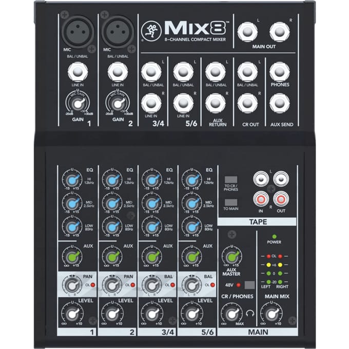 Mackie Mix8 4-kanaals mengpaneel met 2 microfooningangen, 3-bands EQ en aux send