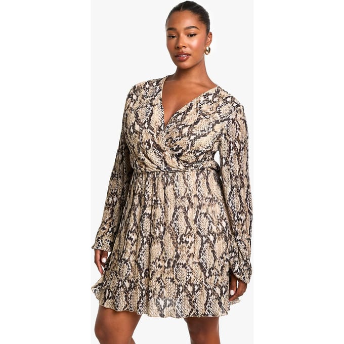 boohoo Dames Plus snake Print Plisse Skaterjurk | Grey | Maat: 28