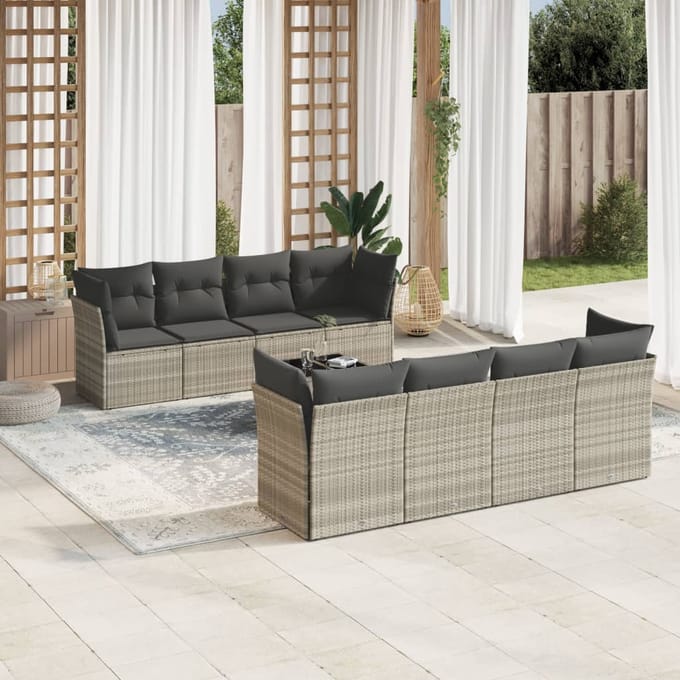 vidaXL - 9-delige - Loungeset - met - kussens - poly - rattan - lichtgrijs