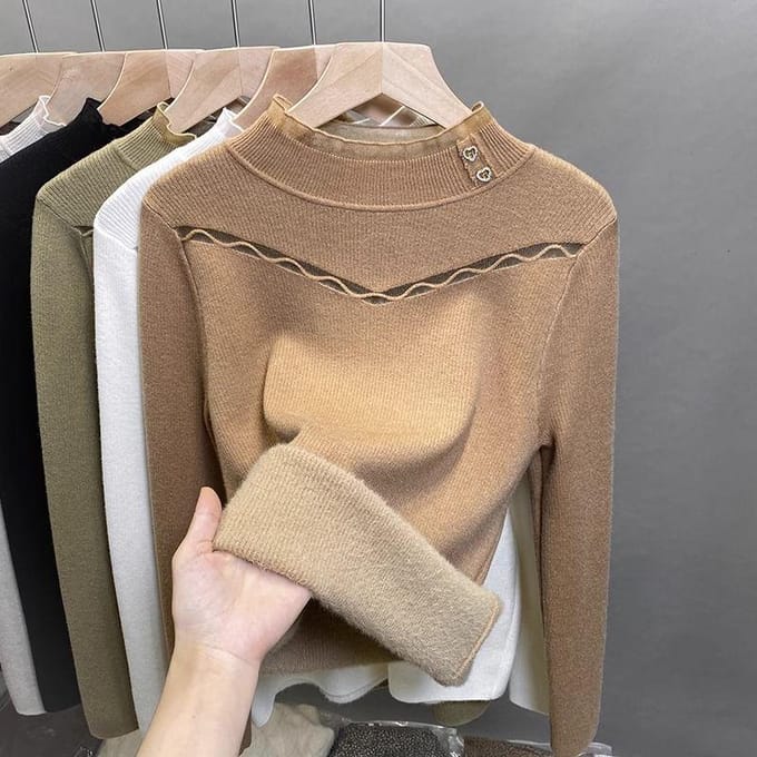 Eendelig fluwelen trui met hoge hals voor dames, fluwelen basis, winterse gebreide trui met kant, binnenlaag XL beige