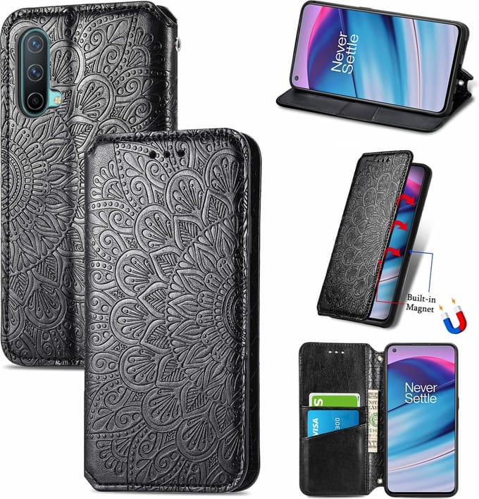 Luxe PU Lederen Blooming Mandala Reliëfpatroon Wallet Case + PMMA Screenprotector voor OnePlus Nord CE 5G _ Zwart
