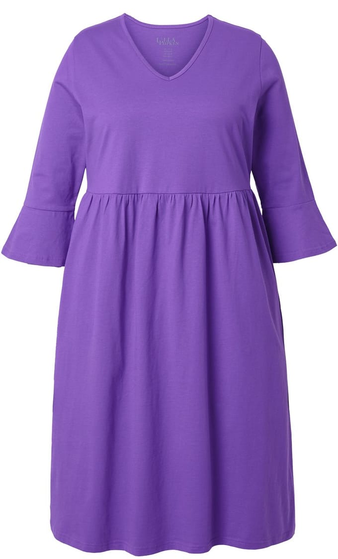 Ulla Popken - Dames - Jersey jurk A-lijn V-hals 3/4-volantmouw - Purper - Maat 54+